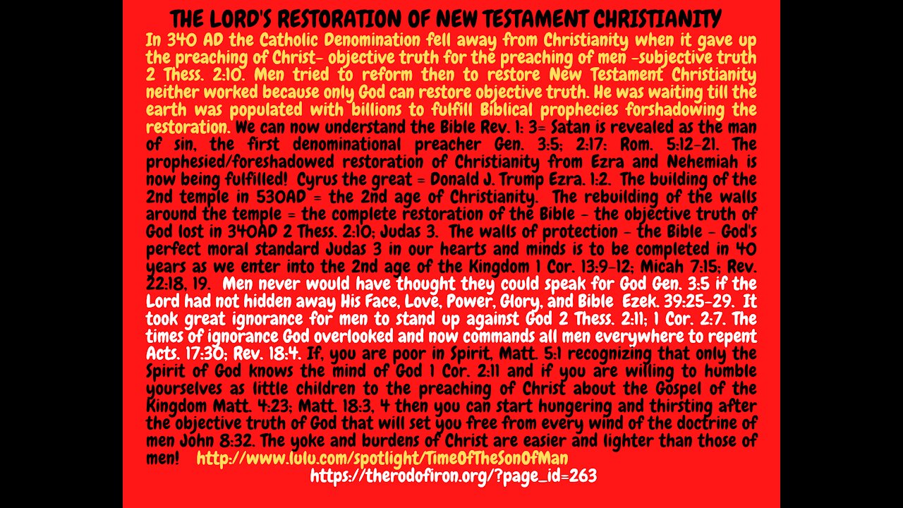 Rev. 1 THE LORD SAVES HUMANITY ONE LAST TIME BY RESTORING NEW TESTAMENT CHRISTIANITY!