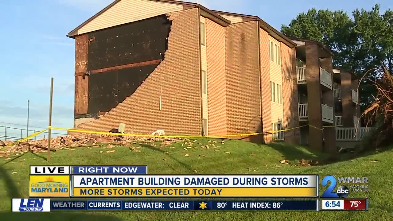 Large hole on the side of an Owings Mills apartment building following severe storm