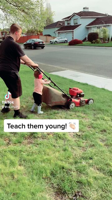 Toddler mowing the yard