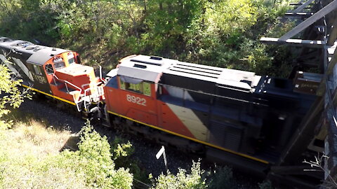 Manifest Train CN 8848, CN 8922 & CN 4136 Locomotives Westbound From Denfield Road Bridge