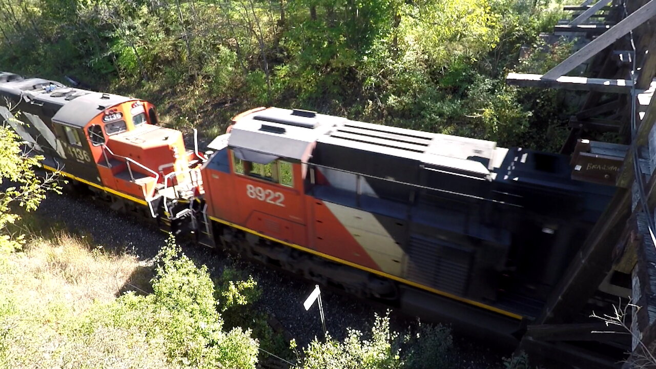 Manifest Train CN 8848, CN 8922 & CN 4136 Locomotives Westbound From Denfield Road Bridge