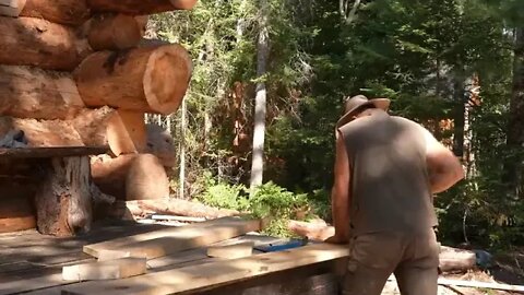 Porch ~ Overhang, ~ Install ~ Windows, ~ Stone Floor, Garden Harvest, Off Grid Log Cabin Build Alone