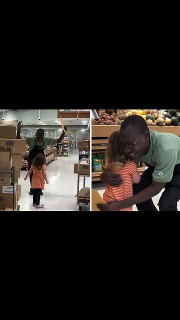 Sweet Little Girl Gives Thank You Card To Supermarket Employee