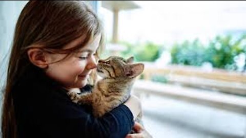Cute baby meets with cute kitten for the first time