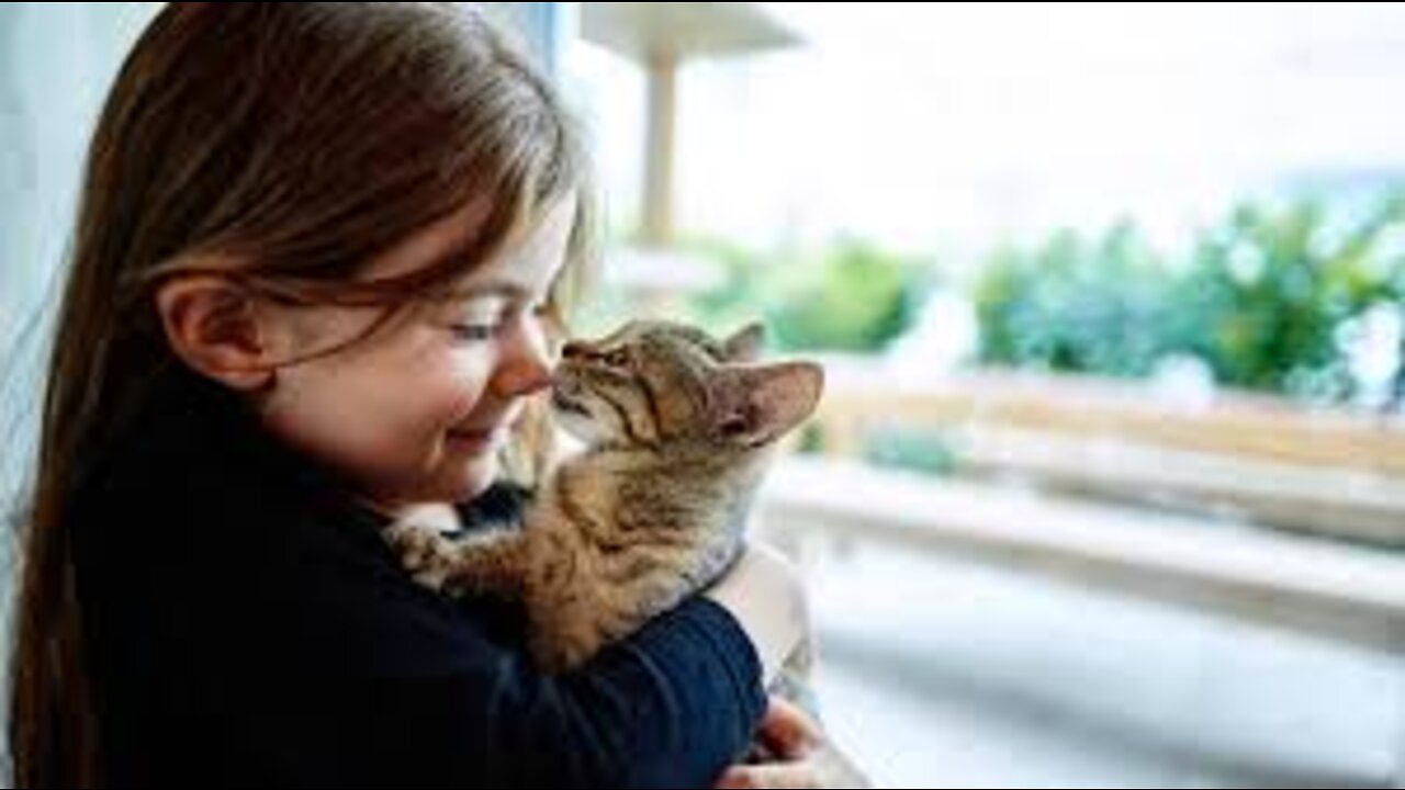 Cute baby meets with cute kitten for the first time