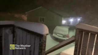 Thick layer of snow stacks up on Newfoundland porch