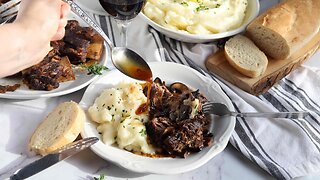 The Ultimate Comfort Meal! Braised Short Ribs With Rich Wine And Mushroom Sauce