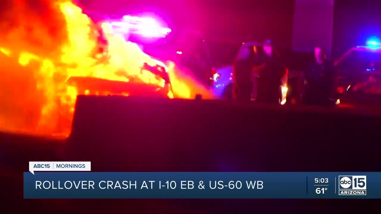 Rollover crash erupts in flames on US-60 to I-10 ramp