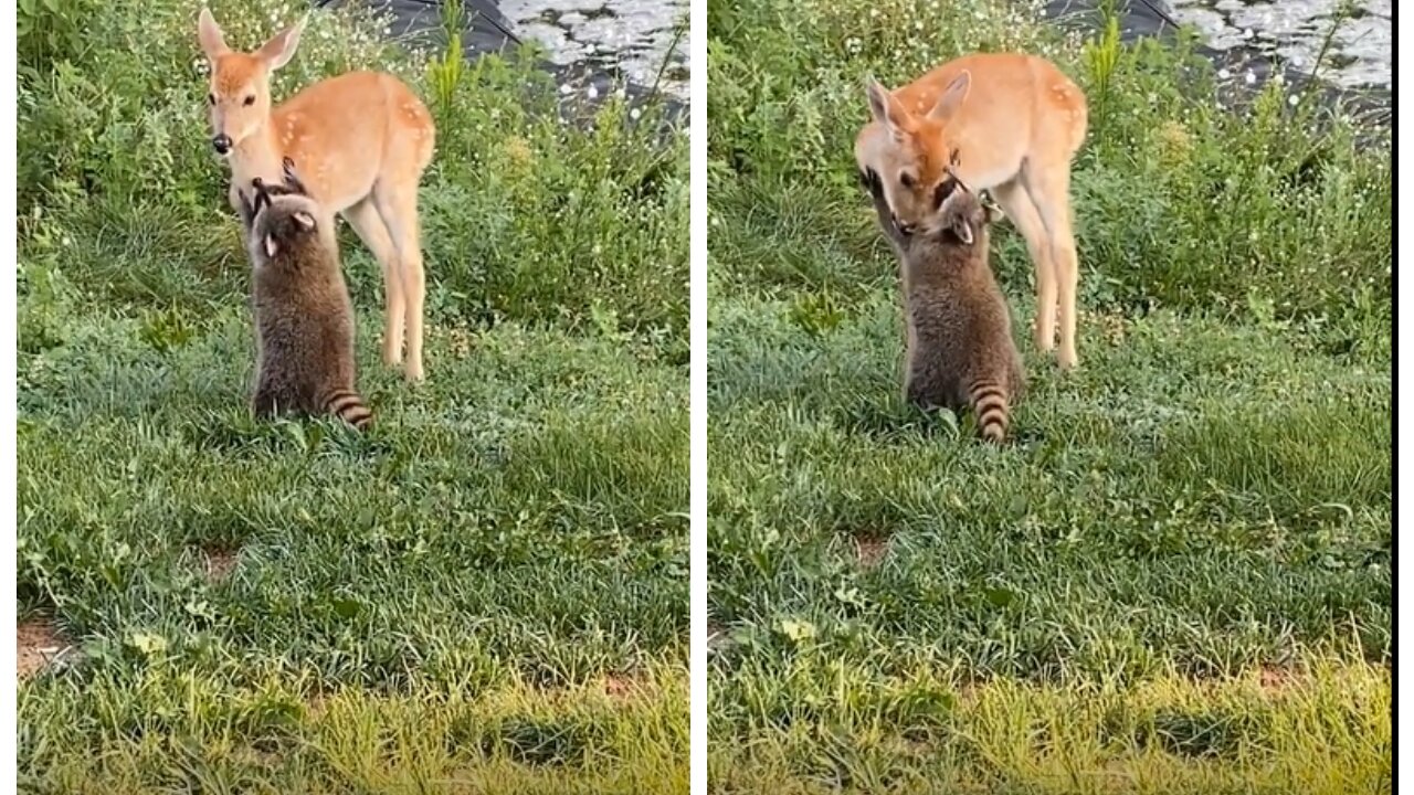 Rescued fawn and raccoon hopping around