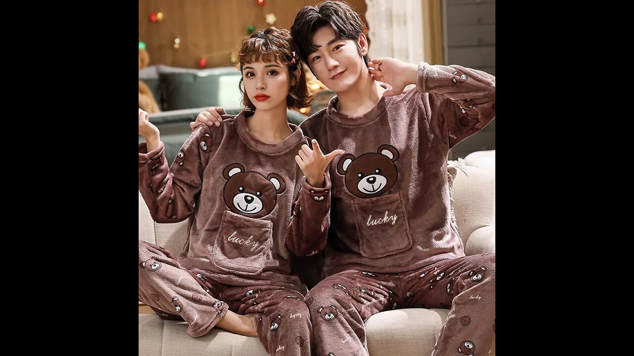 Couples Warm And Velvet Thickened Flannel Home Service Pajamas Set.