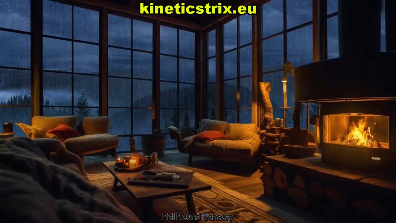 ASMR Cozy Room With Crackling Fireplace in Thunderstorm