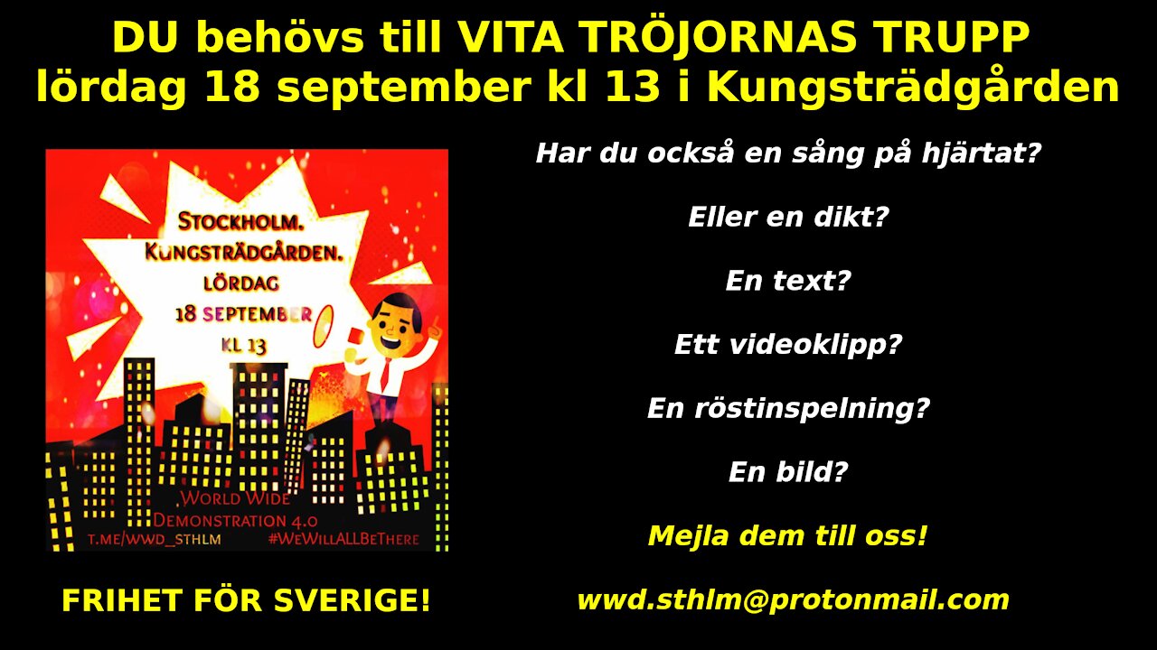 DU behövs till VITA TRÖJORNAS TRUPP 18 september kl 13 i Kungsträdgården!