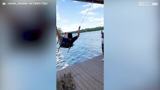 Improvised swing ends in icy dunking