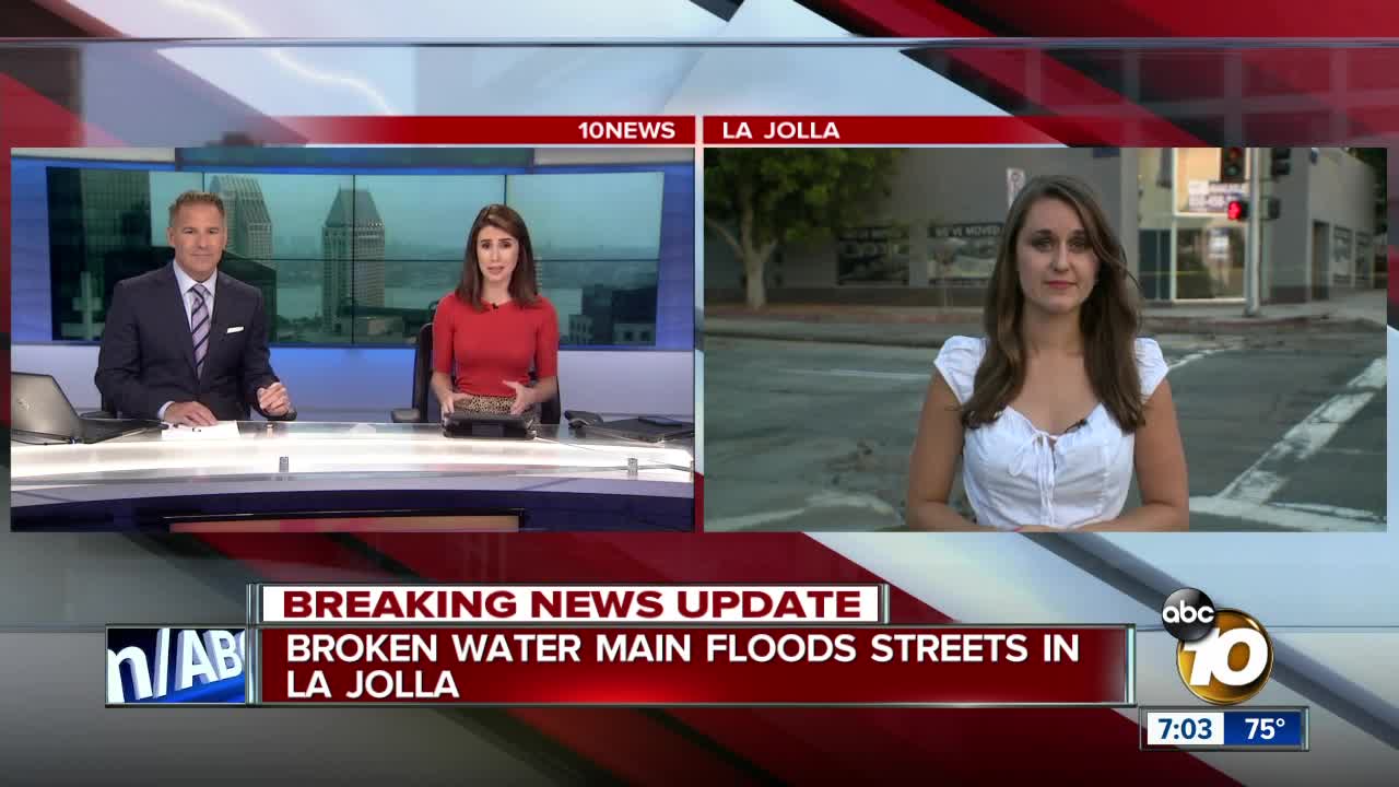 Broken water main break floods streets in La Jolla