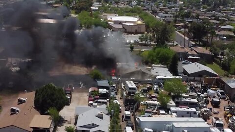 Aerial views of a first alarm fire in Mesa