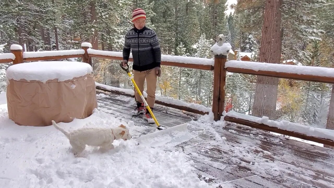 Ares cheers dad up cleaning snow from deck