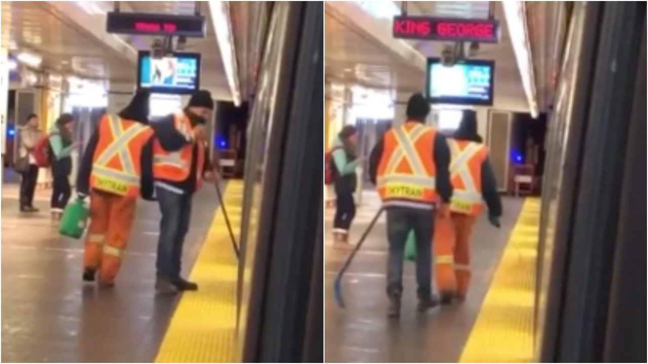 Vancouver Transit Worker Uses Hockey Stick to Remove Ice From Train Car