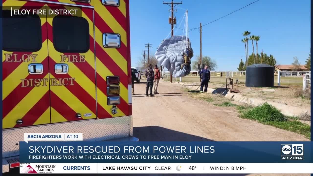 Skydiver rescued from power line in Eloy