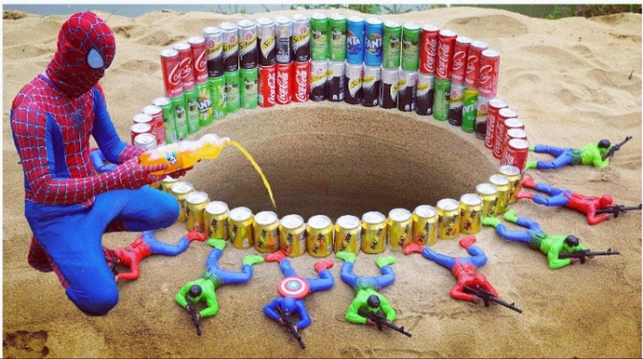 Experiment: Spiderman vs Fanta, Pepsi, Sprite, Mtn Dew, Sodas, Coca-Cola vs Mentos in Underground