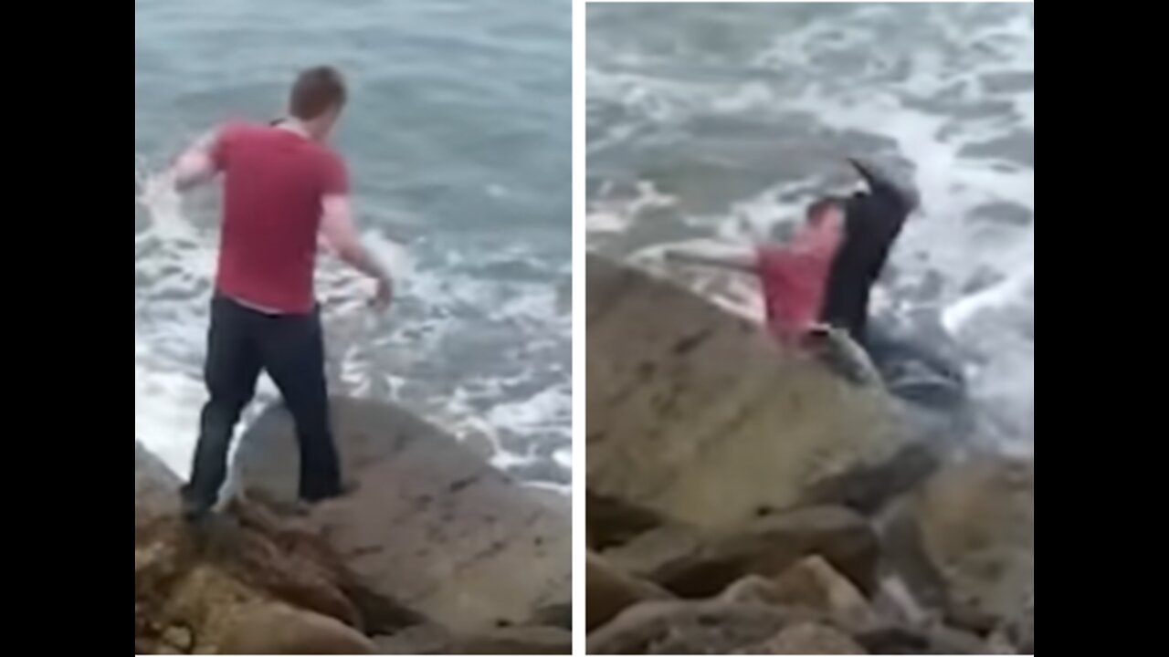 Man Slips On Rocks Into Ocean Funny Fail