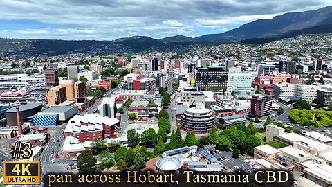 pan across Hobart, Tasmania CBD under Mount Wellington in summer - 4K