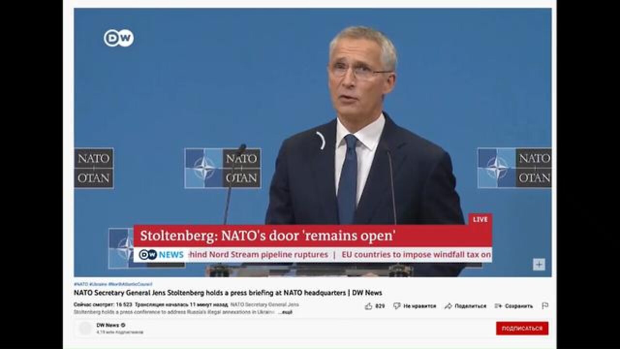 During Stoltenberg's speech, Deutsche Welle switched to a picture of Putin in Red Square