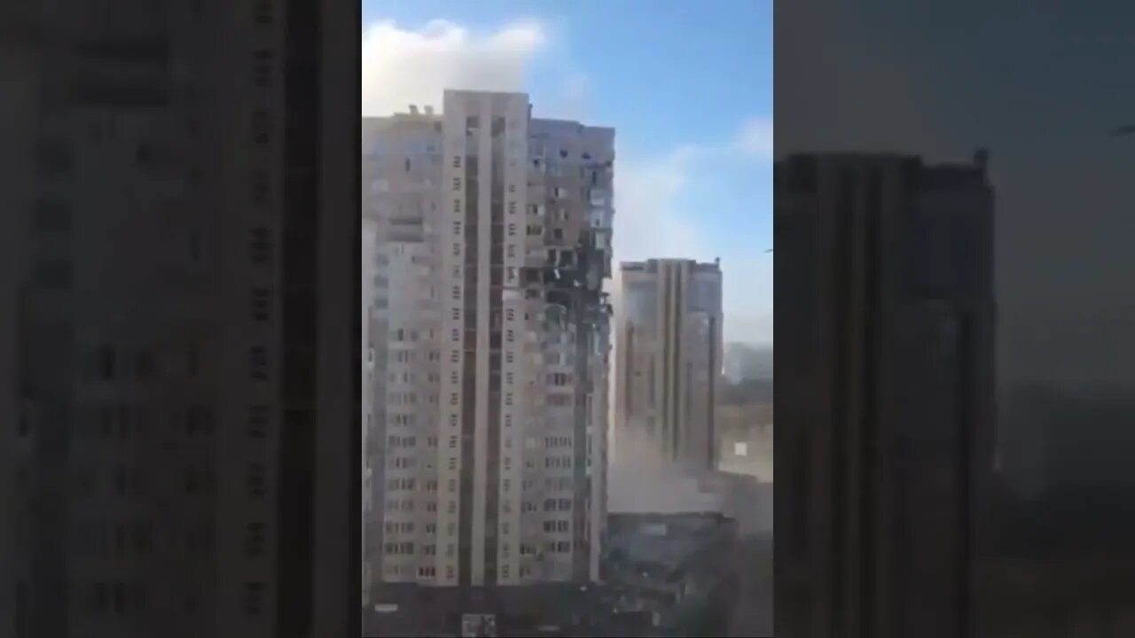 High-Rise Building in Kyiv Heavily Damaged After Being Hit by Missile