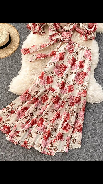 Pink/Blue Floral Print Chiffon 2pcs Set Women Summer Bandage Short Tops + High Waist Mermaid Skirt