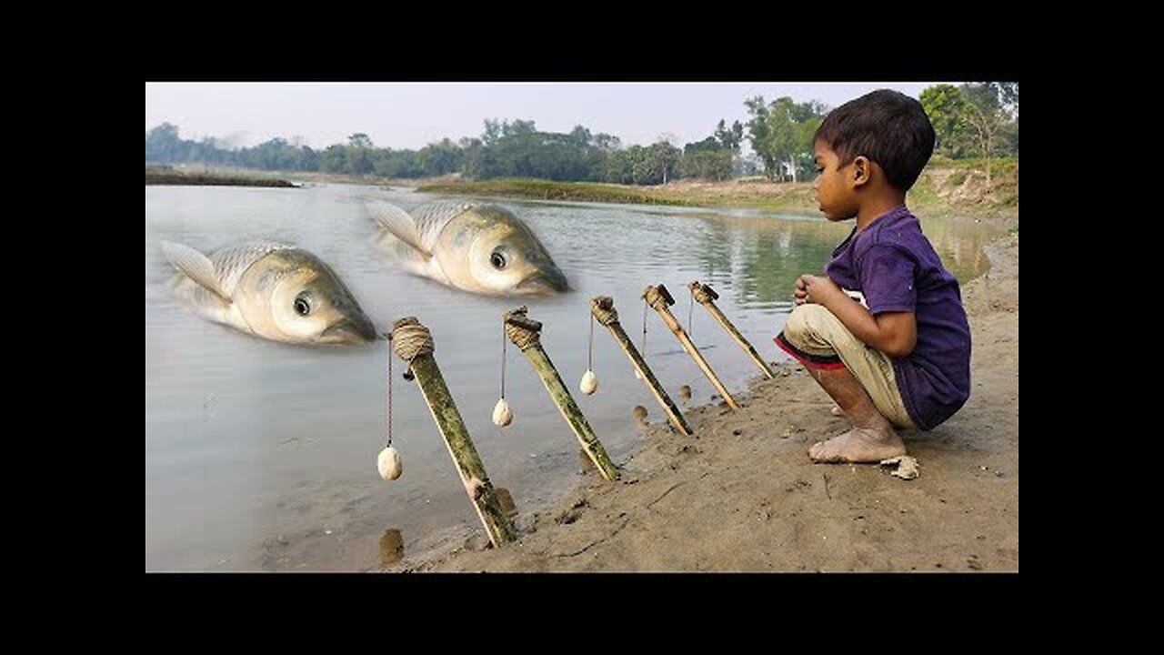 New Best Hook Fishing Video _ Traditional Boy Hunting Big Fish With Hook By River #fishing