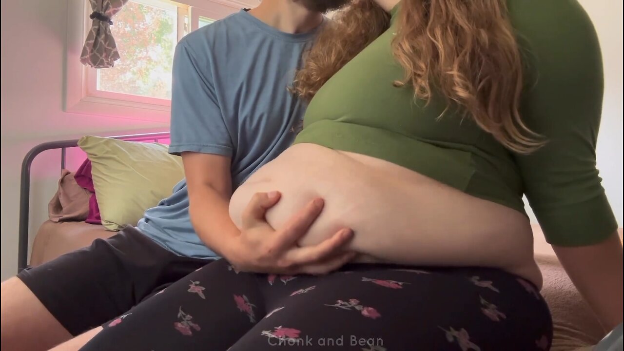 Husband touching belly fat wife play with belly fat