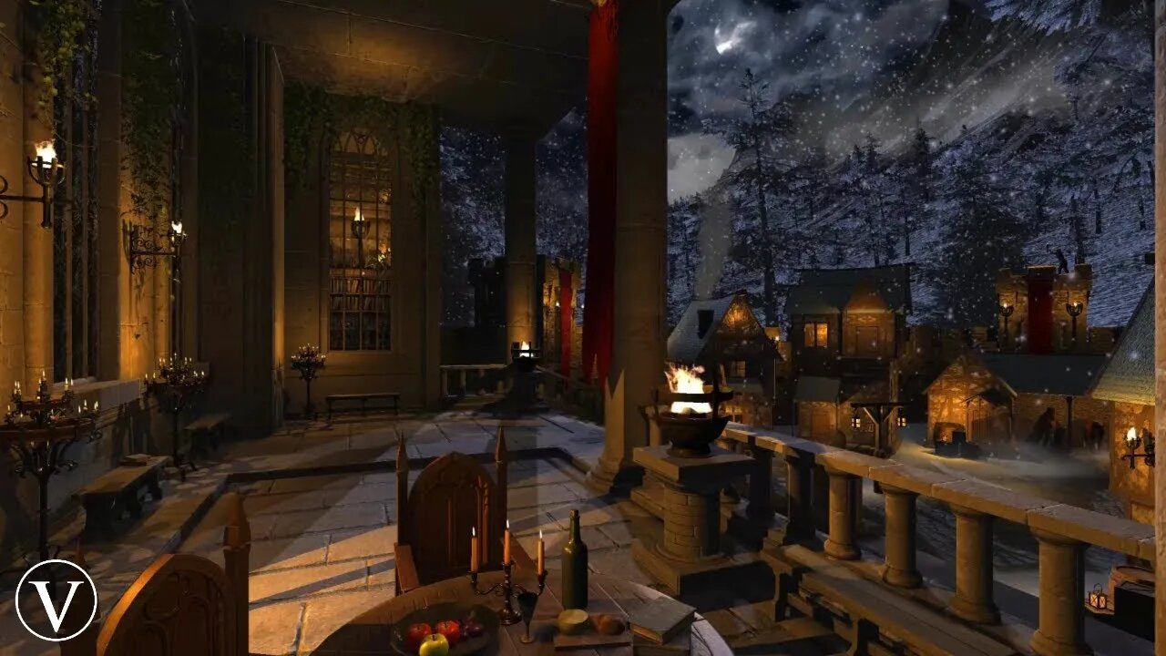 Winter Castle Courtyard | Medieval Night Ambience | Fire Brazier, Wind, Snow & Blizzard Sounds