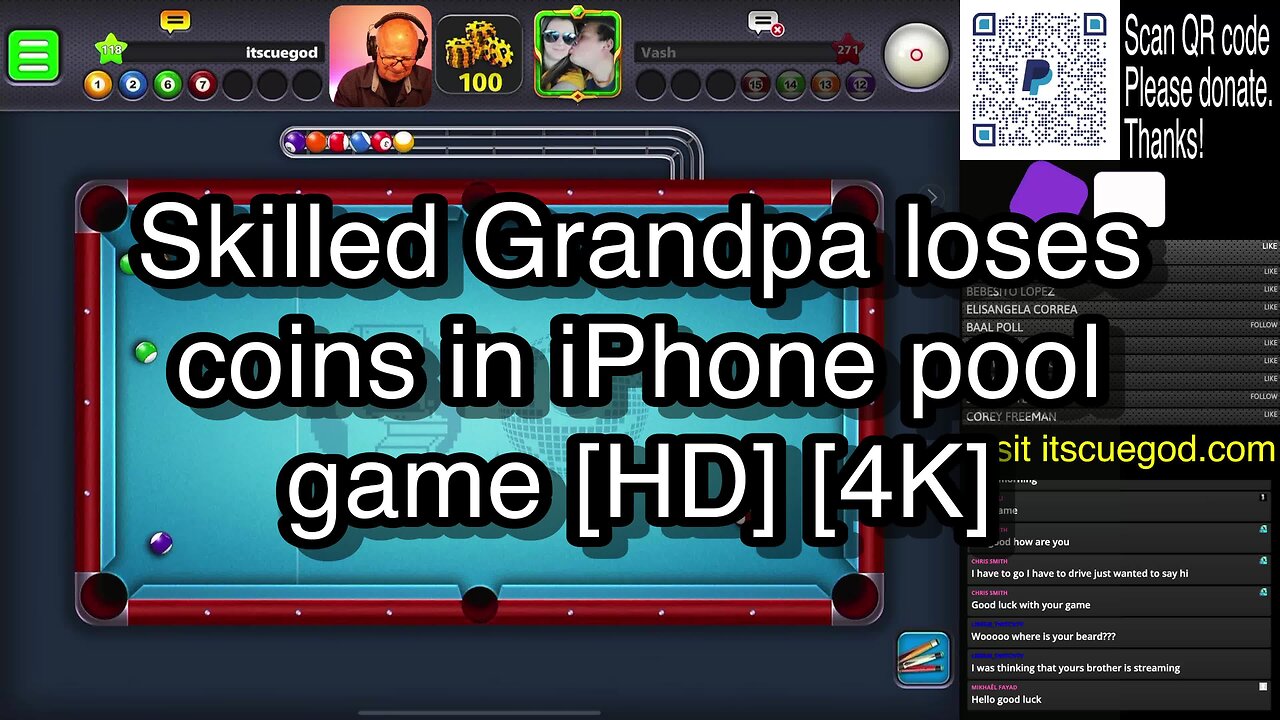 Skilled Grandpa loses coins in iPhone pool game [HD] [4K] 🎱🎱🎱 8 Ball Pool 🎱🎱🎱[ReRun]