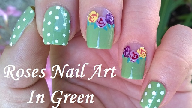 Romantic Pastel Green Polka Dot & Rose Nail Art