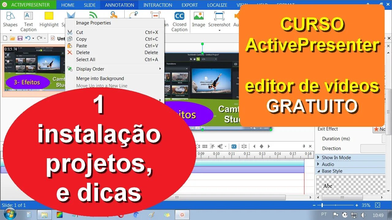 Como criar um projeto no Active Presenter. Definições de tela e outras propriedades. Aula 1