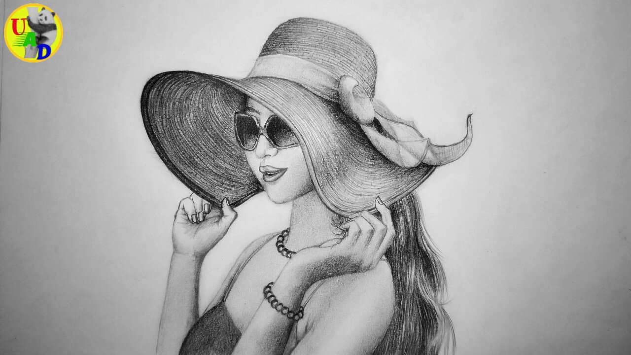 Girl Wearing a Cute Hat and Sunglasses Pencil Drawing