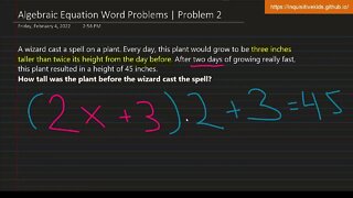 Algebraic Equation Word Problems | Problem 2