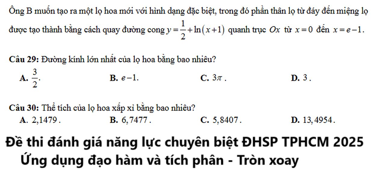 Đề thi đánh giá năng lực chuyên biệt ĐHSP TPHCM: Ông B muốn tạo ra một lọ hoa mới với hình dạng đặc