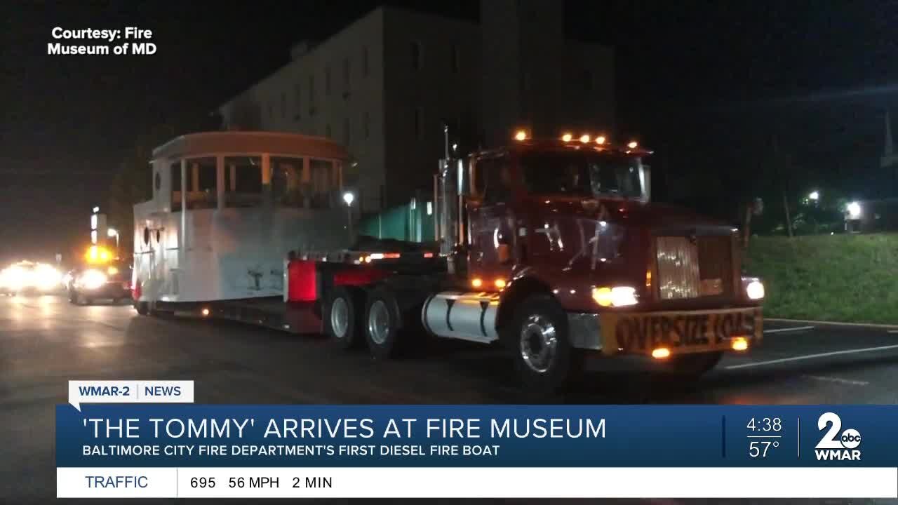 "The Tommy" fire boat arrives at The Fire Museum of Maryland in Lutherville