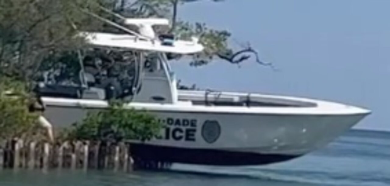 Somehow, Police Boat somehow manages to get stuck on a sea wall...