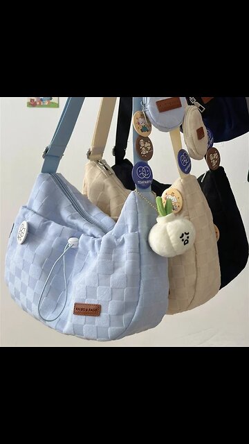 College Crossbody Bag Solid Color Plaid Print Large Capacity Shoulder Bag