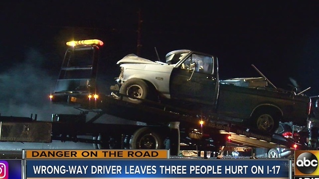 Wrong-way driver leaves 3 injured in crash on Interstate 17
