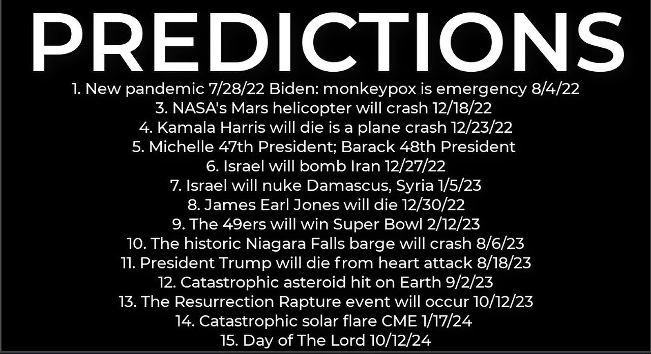 PREDICTIONS - Harris' plane crash 12/23; Israel nuke Damascus 1/5/23; asteroid 9/2/23