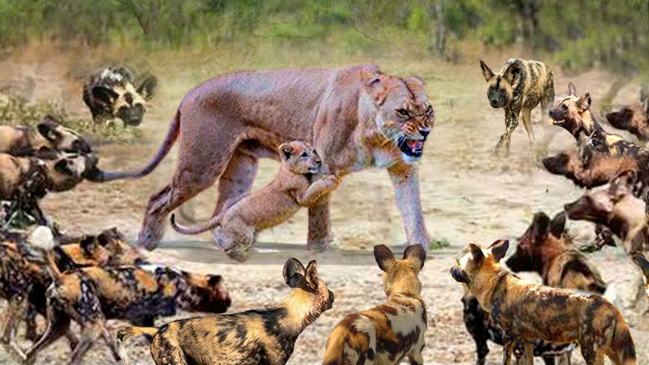 Mother Lion Almost Lost Her Life When Confronting 50 Wild Dogs To Protect Her Cubs