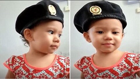 Baby Wears A Beret And Immediately Stood Up Like A Ready-for-action Soldier!