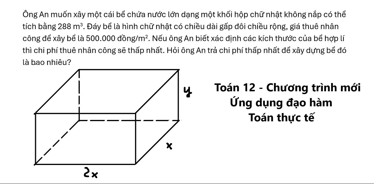 Ông An muốn xây một cái bể chứa nước lớn dạng một khối hộp chữ nhật không nắp có thể tích bằng