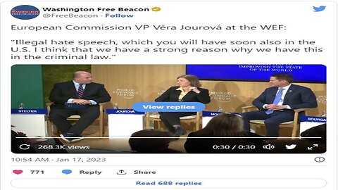 AMERICA WILL "SOON" HAVE "HATE SPEECH" LAWS, EU COMMISSION VP TELLS WEF