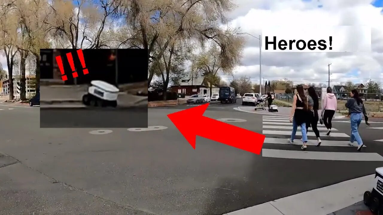College Girls Save Food Delivery Robot Stuck on the Curb