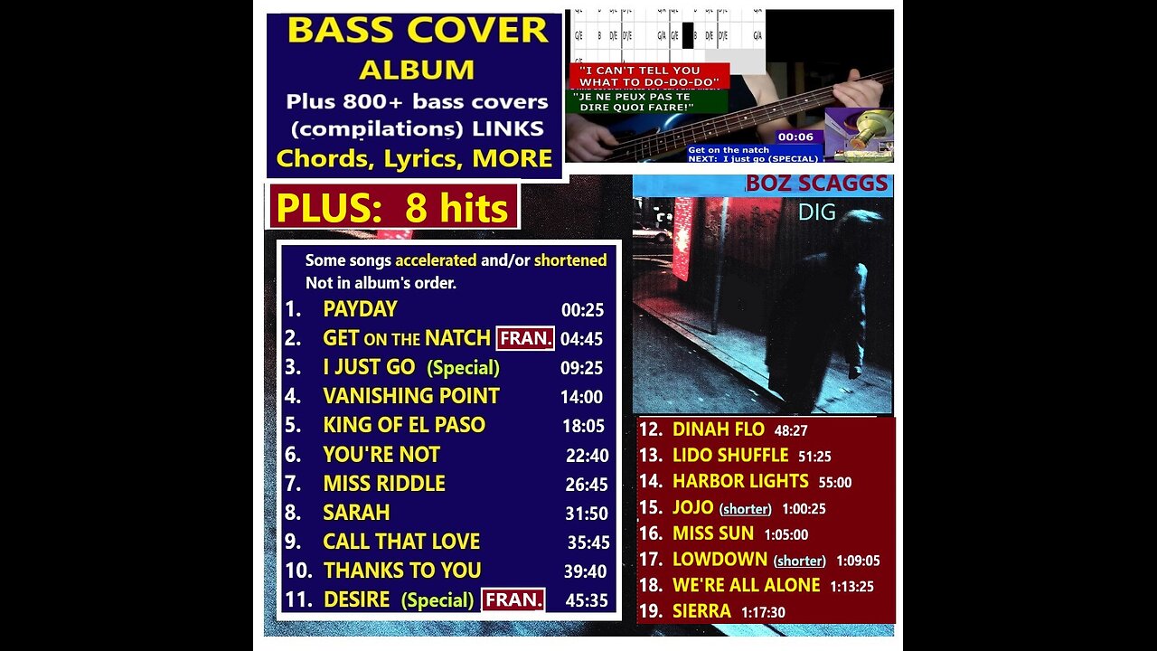 Bass cover BOZ SCAGGS "DIG" __ +8 HITS _ Chords real-time, Lyrics, MORE