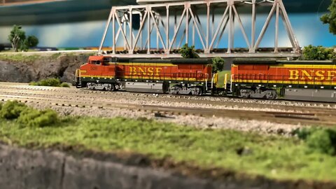 N Scale dash 8s getting ready to pull onto the main.