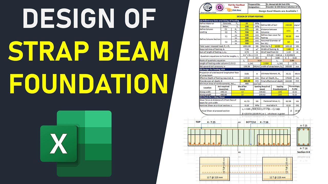 How to Design of Strap Beam Foundation using Excel Sheet | Civil Engineering